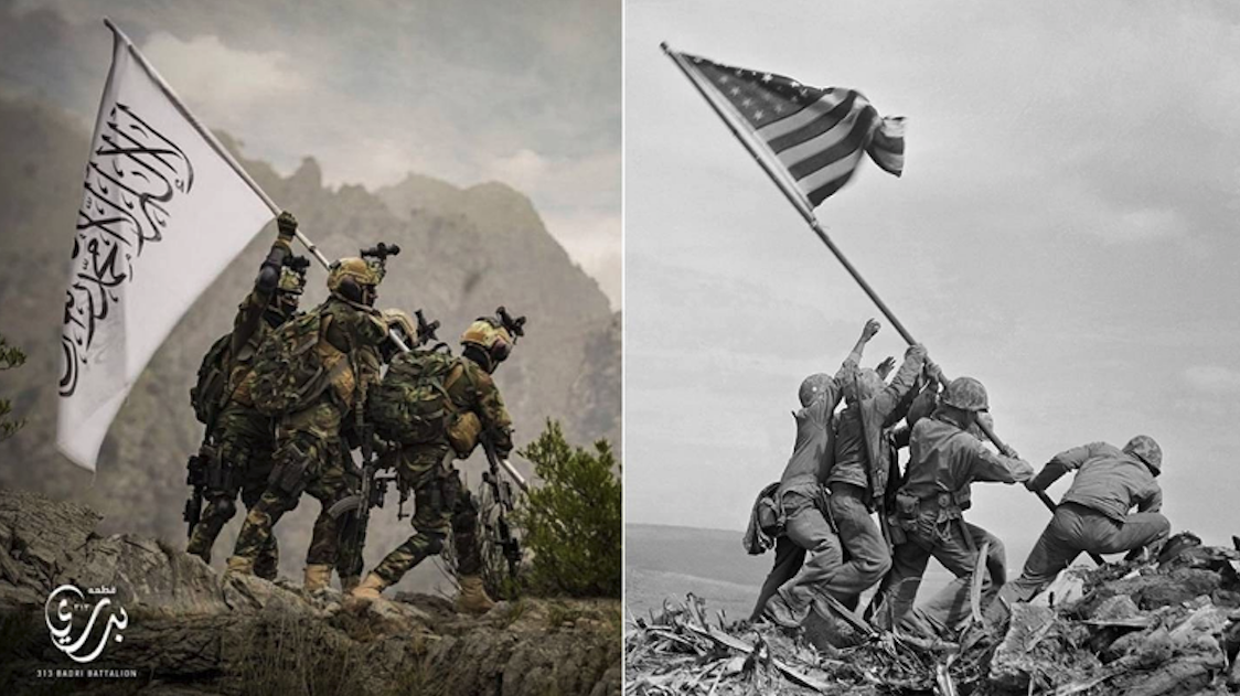 A la izquierda, la propaganda talibán y a la derecha la foto de Joe Rosenthal. (Talibán/AP)