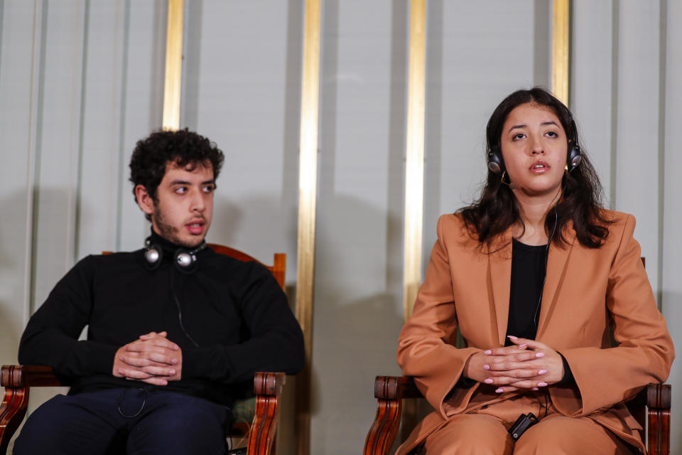 Ali, left, and Kiana Rahmani the children of this year's Nobel Peace Prize winner Kiana Rahmani, attend a press conference at the Nobel Institute in Oslo on Saturday, Dec. 9, 2023. Peace Prize winner Narges Mohammadi is imprisoned and is therefore represented by her immediate family. Mohammadi receives the peace prize for her fight against the oppression of women in Iran and the fight for human rights and freedom for all. (Frederik Ringnes/NTB via AP)