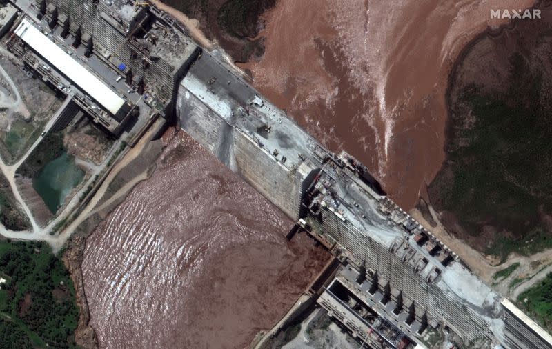 A handout satellite image shows a closeup view of the Grand Ethiopian Renaissance Dam and the Blue Nile River in Ethiopia