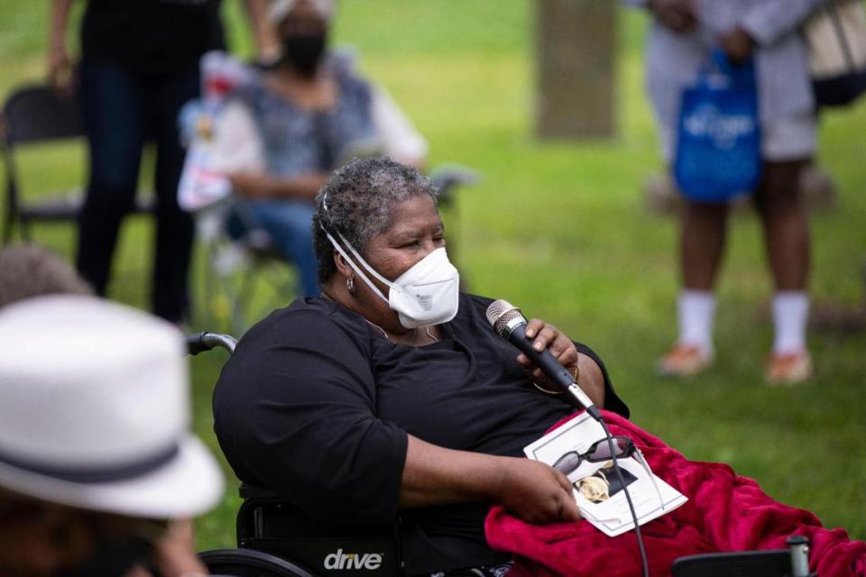 Marcia L. Wilson speaks about her relatives Henry Dunham and Ann Scott, who were relatives of Paul Laurence Dunbar during a dedication ceremony for a cousin and an aunt of poet Paul Laurence Dunbar at African Cemetery #2 in Lexington, Ky., Saturday, May 21, 2022.