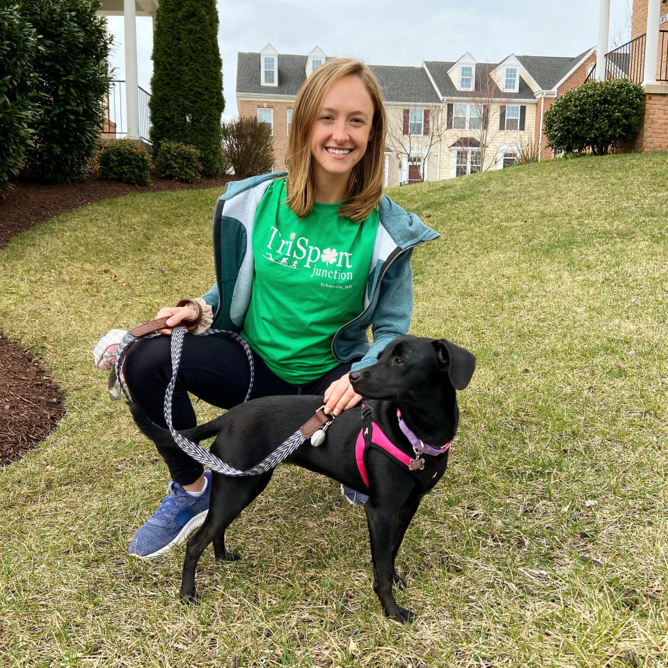 Maura Knestout and her dog Mia, who have taken online training classes, pose for a photo in Sykesville, Md. Both trainers and owners are finding that online dog training is effective and convenient, and it's a safe way to learn needed skills when in-person lessons are not possible. (Maura Knestout via AP)