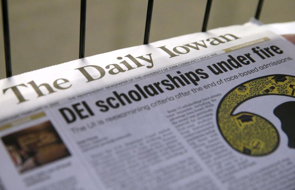 An edition of The Daily Iowan sits in a newsstand Wednesday, Feb. 14, 2024 in Iowa City, Iowa.