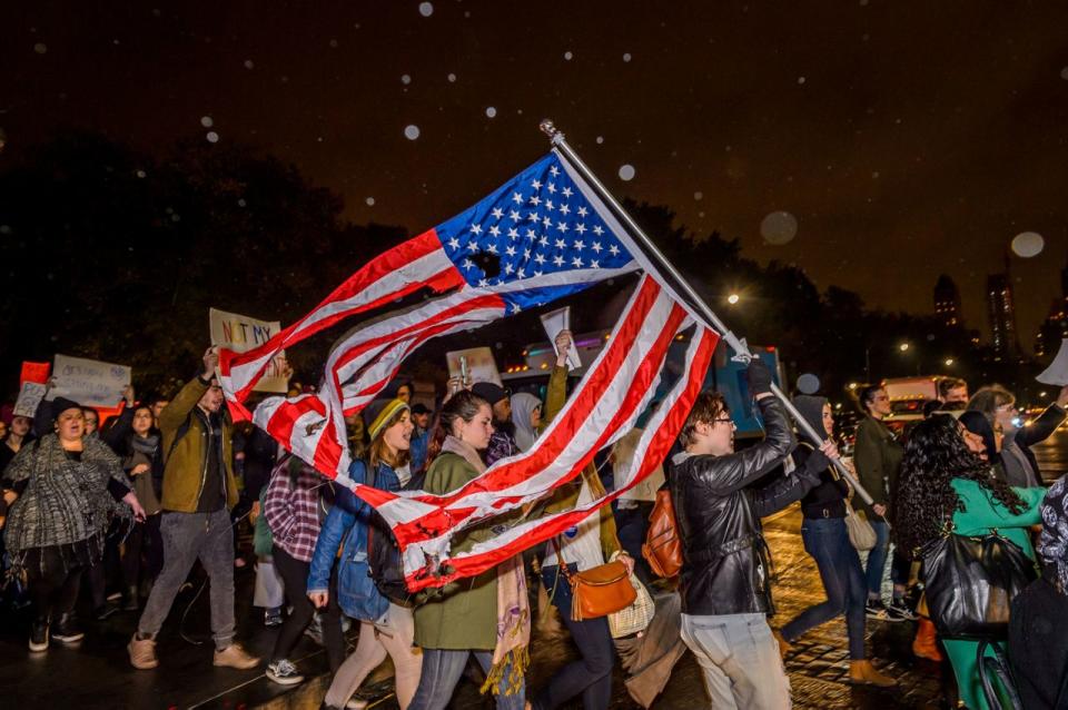 An estimate of ten thousand demonstrators took the streets of Manhattan and converged outside Trump Tower in Midtown to protest the election of Donald J. Trump as president on Nov. 11, 2016. (Photo: Erik McGregor/Pacific Press/LightRocket via Getty Images)