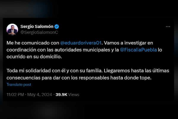 tuit del gobernador de puebla sobre el ataque a la casa del candidato eduardo rivera