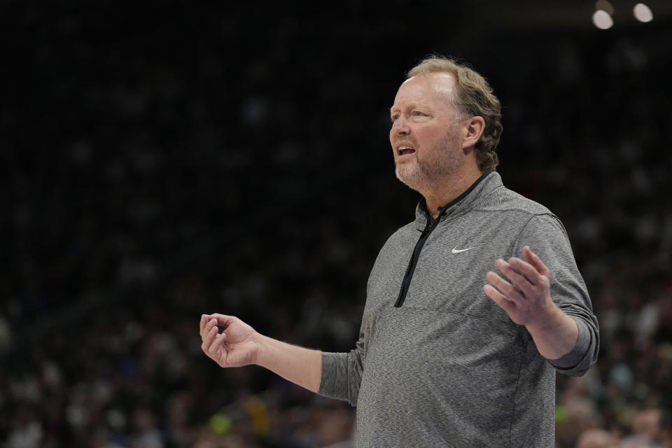 MILWAUKEE, WISCONSIN - APRIL 19: Head coach Mike Budenholzer of the Milwaukee Bucks reacts after a call during the second half of Game Two of the Eastern Conference First Round Playoffs against the Miami Heat at Fiserv Forum on April 19, 2023 in Milwaukee, Wisconsin. NOTE TO USER: User expressly acknowledges and agrees that, by downloading and or using this photograph, user is consenting to the terms and conditions of the Getty Images License Agreement. (Photo by Patrick McDermott/Getty Images)