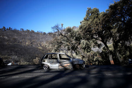 A burned car is seen next to the village of Monchique, Portugal August 8, 2018. REUTERS/Pedro Nunes