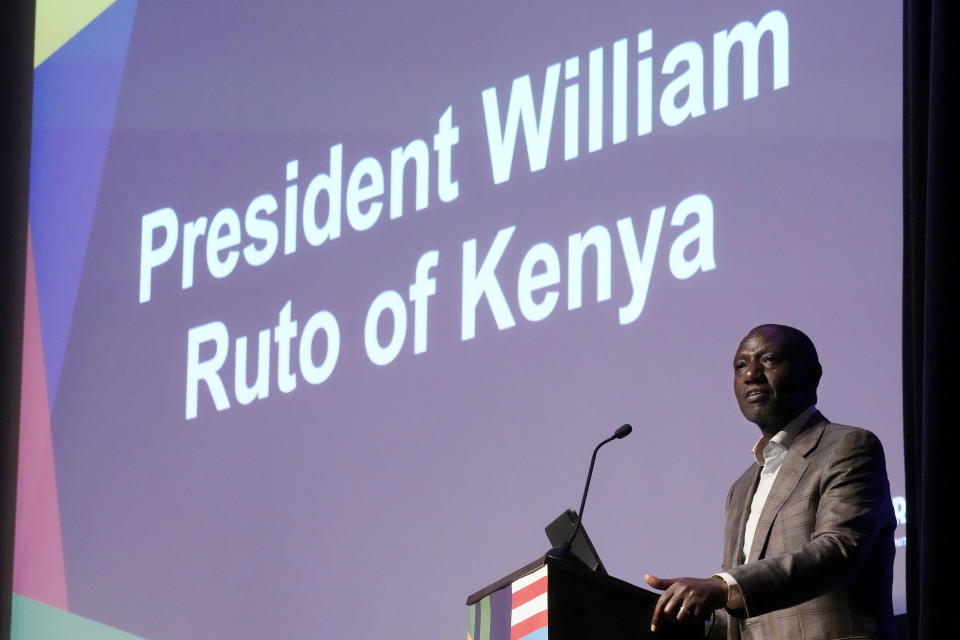 Kenyan President William Ruto delivers keynote remarks during a U.S.- Kenya Business Roadshow hosted by Prosper Africa, a U.S. Trade and Investment Initiative, in San Francisco, Friday, Sept. 15, 2023. (AP Photo/Jeff Chiu)