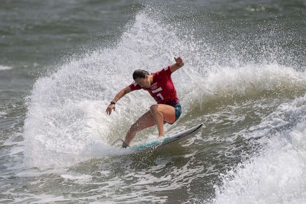 PHOTO: USA's Carissa Moore rides a wave during the women's Surfing Third round at the Tsurigasaki Surfing Beach, in Chiba, on July 26, 2021 during the Tokyo 2020 Olympic Games. (Olivier Morin/AFP via Getty Images, FILE)