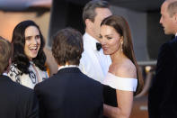 <p>The duchess chatted with the actors; <a href="https://www.express.co.uk/news/royal/1610527/tom-cruise-sweet-interaction-kate-middleton-prince-william-video-royal-family-spt" rel="nofollow noopener" target="_blank" data-ylk="slk:she previously met Cruise;elm:context_link;itc:0;sec:content-canvas" class="link ">she previously met Cruise</a> at the 2021 Euro final in London, according to the <em>Express</em>.</p>