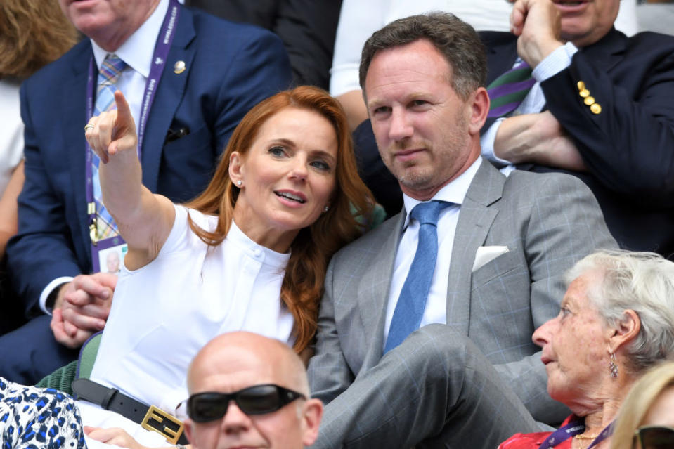 Spice Girls singer Geri Horner is married to Christian Horner, Team Principal of the Red Bull Racing Formula One team. He was formerly a race car driver too. Here they are, pictured at Wimbledon Tennis Championships at All England Lawn Tennis and Croquet Club on July 05, 2019 in London, England. (Photo by Karwai Tang/Getty Images)