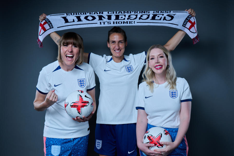 Maisie Adam, Jill Scott, and Katherine Ryan  in The Lionesses: A League of Their Own Special. (Sky)