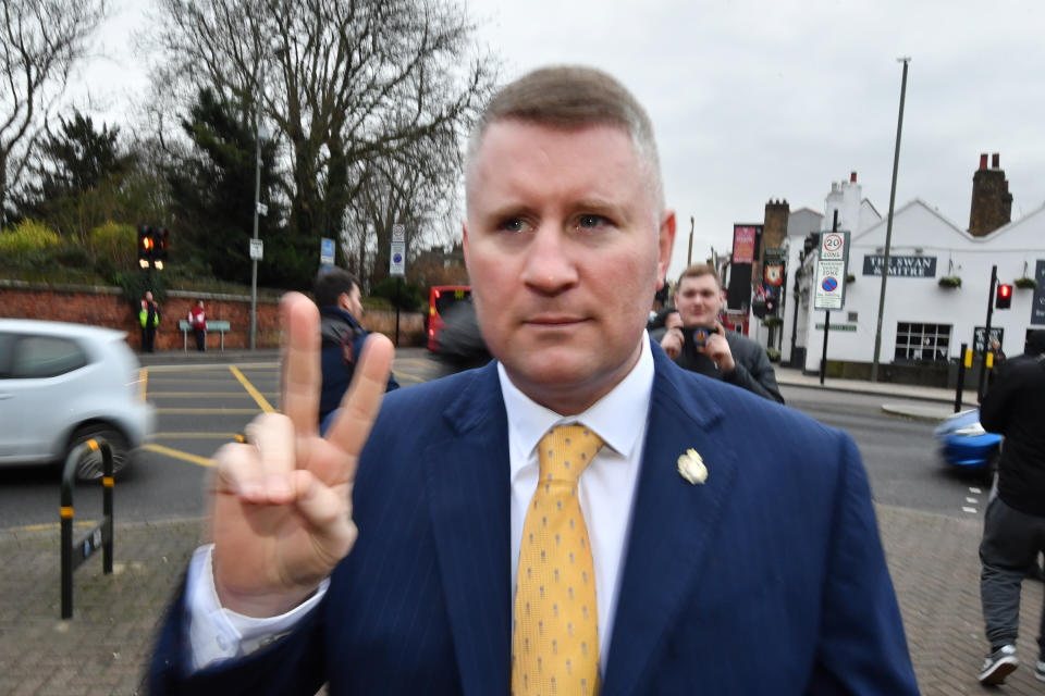 The leader of far-right group Britain First, Paul Golding, arriving at Bromley Magistrates' Court. (Photo by John Stillwell/PA Images via Getty Images)