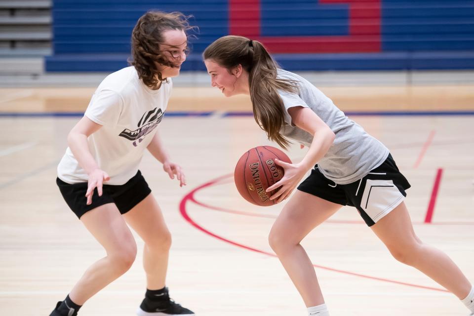 Ella (right) and Leah Kale (left) will be teammates at Bloomsburg University. Here, they practice against each other in November 2019, prior to the start of Ella's junior and Leah's freshman season.