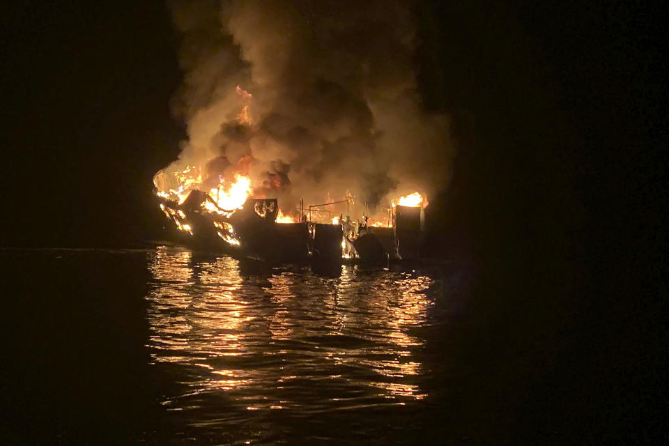 FILE - In this Sept. 2, 2019, file photo provided by the Santa Barbara County Fire Department, the dive boat Conception is engulfed in flames after a deadly fire broke out aboard the commercial scuba diving vessel off the Southern California Coast. The crew aboard a Southern California scuba dive boat had not been trained on emergency procedures before the deadly fire broke out last year, killing 34 people in one of the state's deadliest maritime disasters, according to federal documents released Wednesday, Sept. 16, 2020. (Santa Barbara County Fire Department via AP, File)