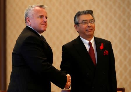 U.S. Deputy Secretary of State John Sullivan (L) meets with his Japanese counterpart Vice Foreign Minister Shinsuke Sugiyama at the Foreign Ministry's Iikura guest house in Tokyo, Japan October 17, 2017. REUTERS/Issei Kato