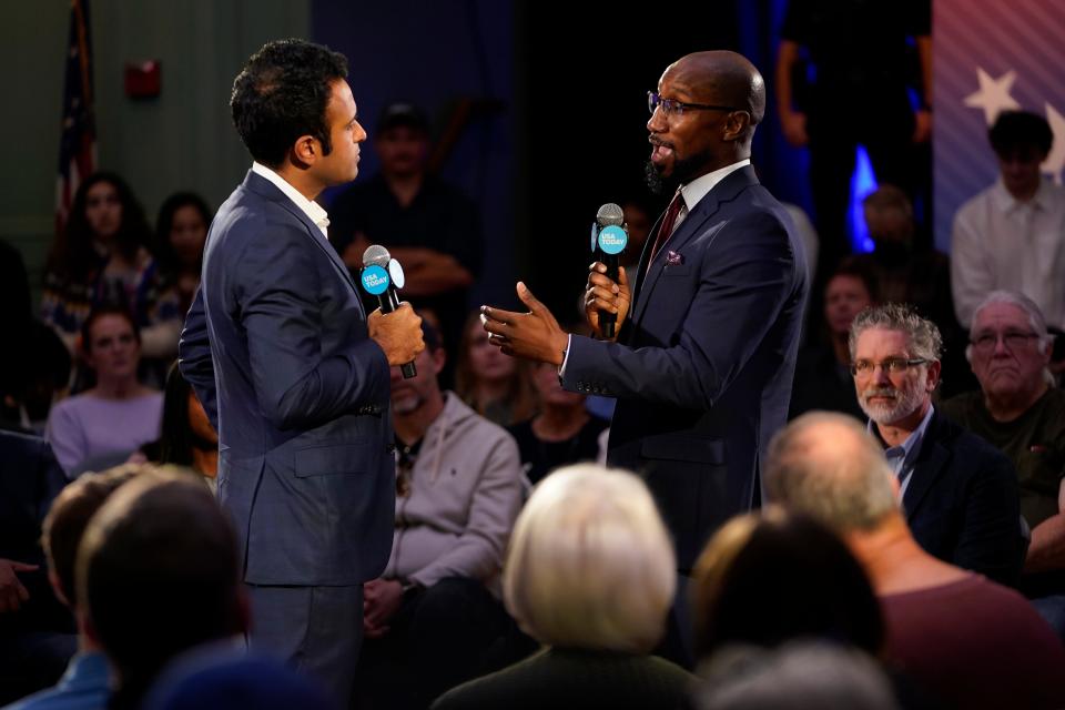 Phillip Bailey, National Political Correspondent, USA TODAY, asks Republican presidential candidate Vivek Ramaswamy a question during the Seacoast Media Group and USA TODAY Network 2024 Republican Presidential Candidate Town Hall Forum held in the historic Exeter Town Hall in Exeter, New Hampshire.