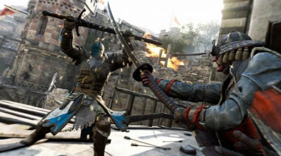 A French knight squares off against a samurai in For Honor.