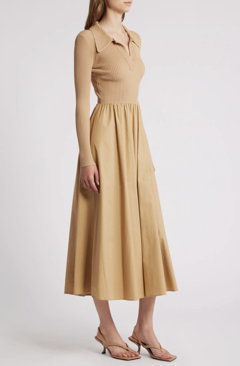 Moon River Mixed Media Long Sleeve Midi Dress