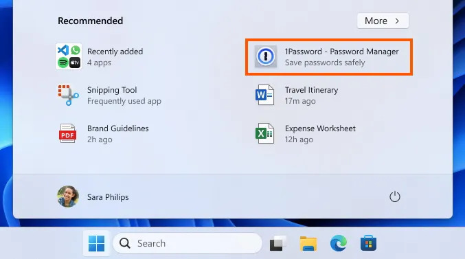 A screenshot of the Windows 11 start menu showing an advertisement for 1Password.