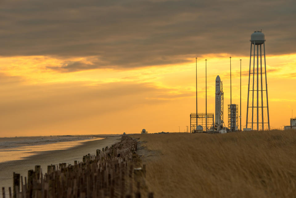 An Orbital Sciences Corp. Antares rocket sits on a launch pad before its launch from NASA's Wallops Flight Facility in Wallops Island, Va. on Monday, Jan. 6, 2014. The rocket is carrying the company's first official re-supply mission to the International Space Station. (AP Photo/NASA, Bill Ingalls)