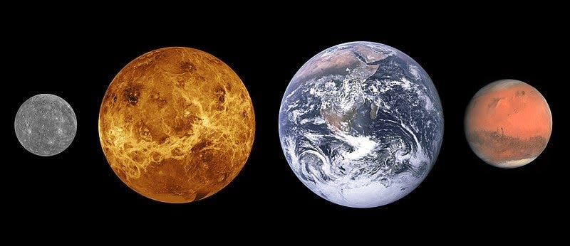 Comparative sizes of the first four planets from the sun, from left: Mercury, Venus, Earth and Mars. Earth is close to 8,000 miles wide.