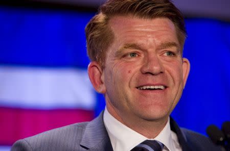 Wildrose party leader Brian Jean speaks to supporters after being declared leader of the opposition in the Alberta election in Fort McMurray, Alberta May 5, 2015. REUTERS/Ben Nelms