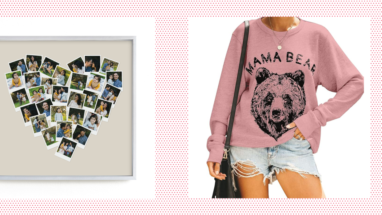 best first mother's day gift ideas, a person wearing a mama bear sweatshirt and a framed picture collage