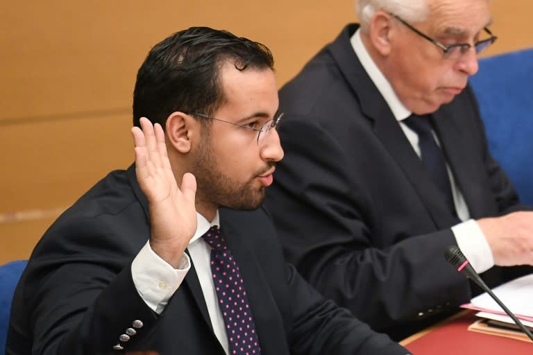 Former Elysee senior security officer Alexandre Benalla being sworn ahead of testifying before a French Senate inquiry
