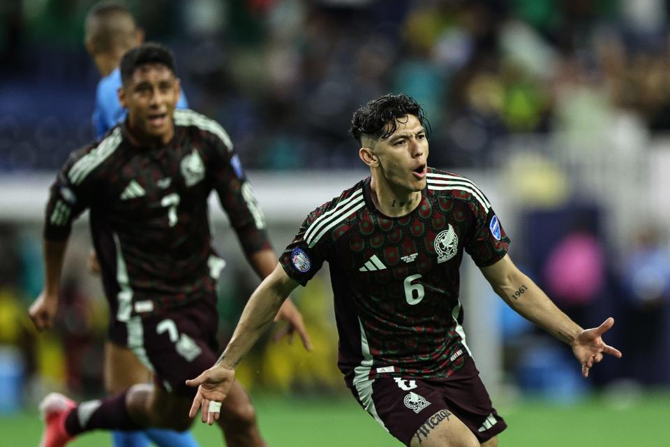 HOUSTON, TEXAS - JUNE 22: Gerardo Arteaga of Mexico celebrates after scoring the team's first goal during the CONMEBOL Copa America 2024 Group B match between Mexico and Jamaica at NRG Stadium on June 22, 2024 in Houston, Texas. (Photo by Omar Vega/Getty Images)