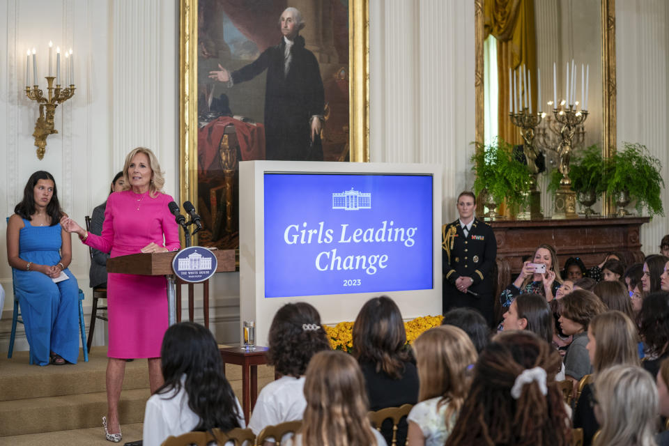 First lady Jill Biden speaks during a "Girls Leading Change" event to honor International Day of the Girl, in the East Room of the White House, Wednesday, Oct. 11, 2023, in Washington. (AP Photo/Evan Vucci)