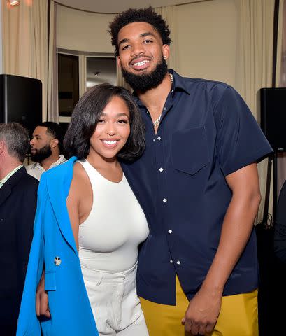 Stefanie Keenan/Getty Jordyn Woods and Karl-Anthony Towns attend the Coin Cloud Cocktail Party, hosted by artist and actor Common, at Sunset Tower Hotel on June 15, 2021 in Los Angeles, California