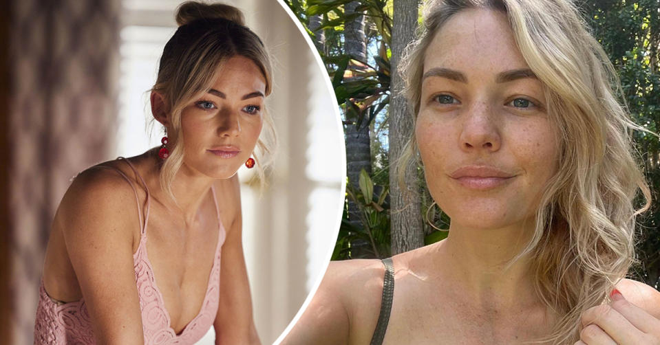 L: Sam Frost as Jasmine Delaney on Home and Away. R: Makeup free Sam Frost in a selfie