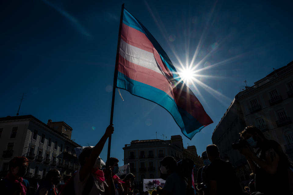 Demonstrator waving the trans flag at a protest.