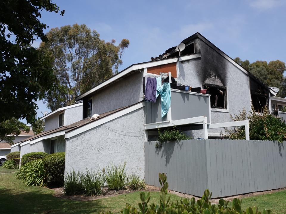 The upstairs unit of an Oxnard condominium where a fatal fire broke out Wednesday morning, Aug. 3,  2022.