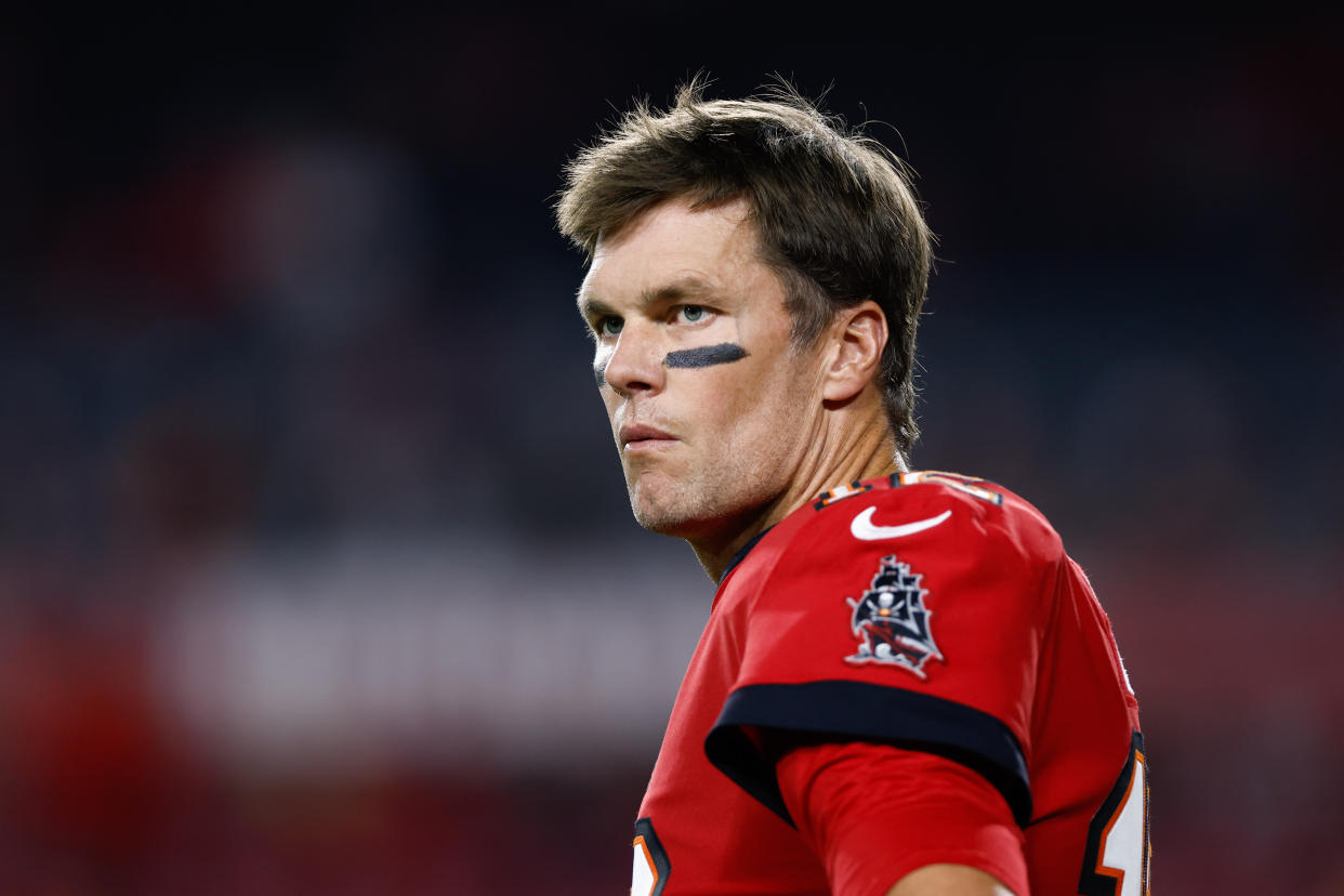 Dec 5, 2022; Tampa, Florida, USA; Tampa Bay Buccaneers quarterback Tom Brady (12) looks on prior to the game against the against the New Orleans Saints at Raymond James Stadium. Mandatory Credit: Douglas DeFelice-USA TODAY Sports