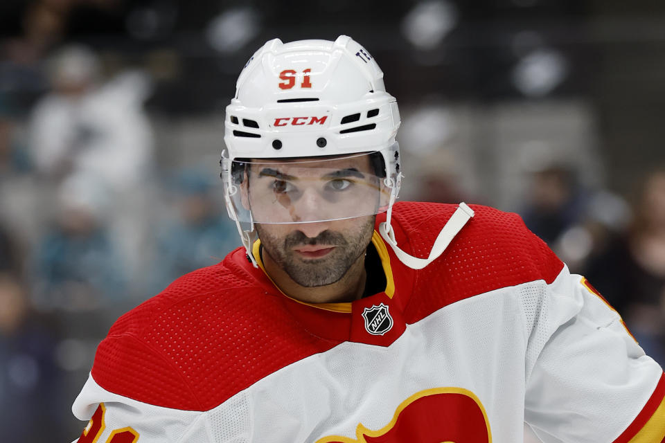 Calgary Flames center Nazem Kadri skates during warmups before an NHL hockey game against the San Jose Sharks, Sunday, Dec. 18, 2022, in San Jose, Calif. (AP Photo/Josie Lepe)