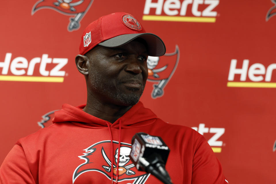Tampa Bay Buccaneers head coach Todd Bowels speaks to media after an NFL football game against the New Orleans Saints, Sunday, Oct. 1, 2023, in New Orleans. (AP Photo/ Butch Dill )