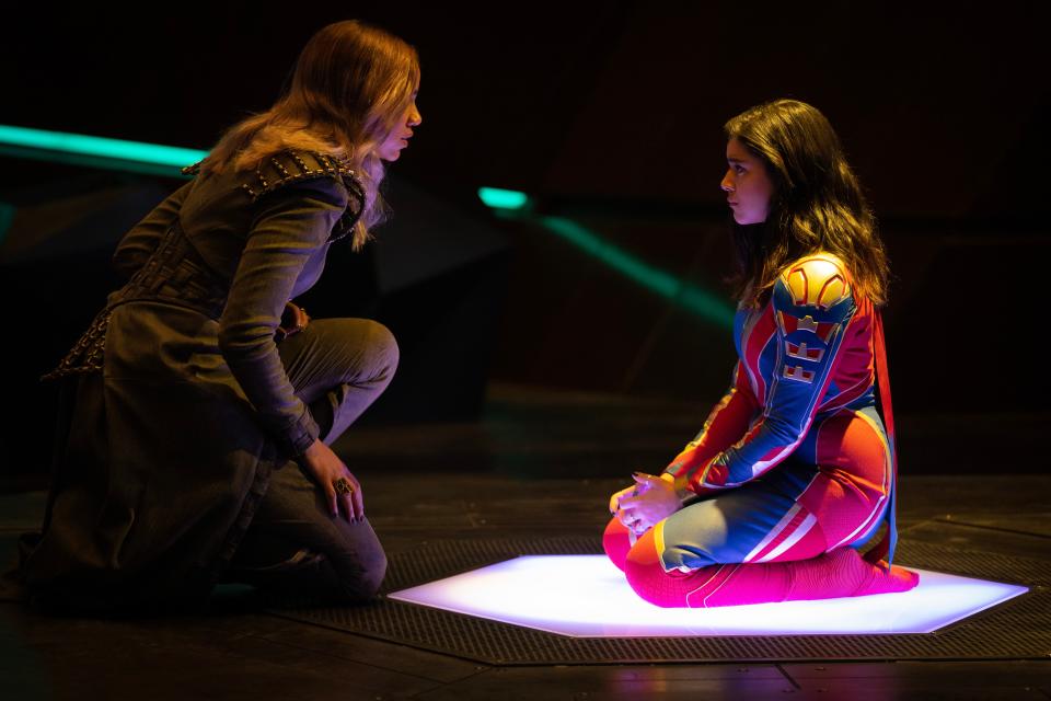 Kamala Khan (Iman Vellani, right) finds herself in the clutches of Kree revolutionary Dar-Benn (Zawe Ashton) in "The Marvels."