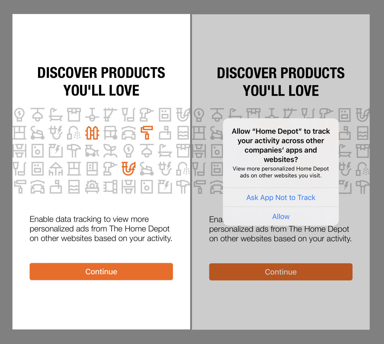 The Home Depot app encourages users to allow tracking. (Home Depot)