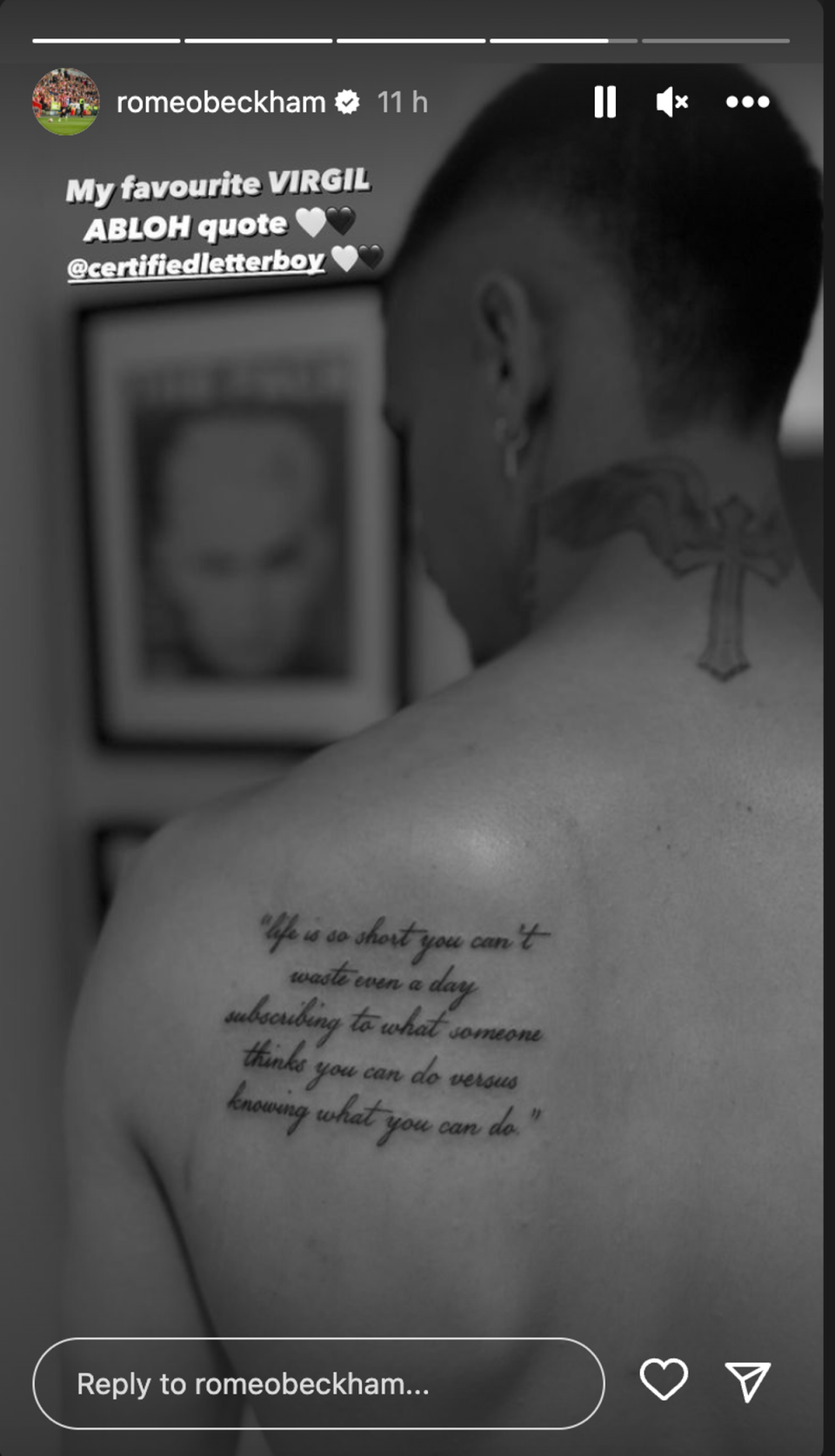 Romeo Beckham’s Virgil Abloh-inspired tattoo (Instagram via @romeobeckham)
