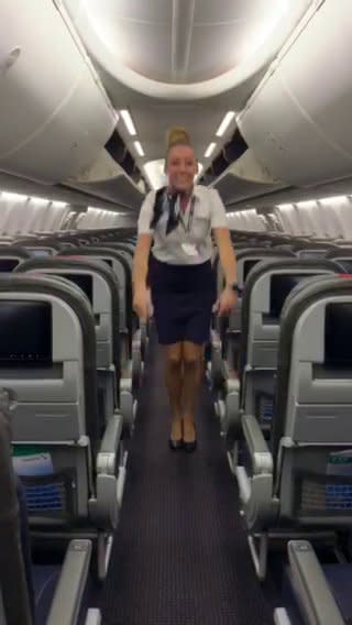 This flight attendant shows off her remarkable acrobatic skills to close the overhead bins with her feet - while wearing high heels. Lindsey O'Brien, 35, gripped onto the armrests before flipping upside down and using her feet to close four luggage containers above. She twirled back down to the aisle and lifted her arms in triumph as her fellow crew members cheered her on. The video was filmed in June aboard an aircraft which had been grounded in her home city of Philadelphia, Pennsylvania, due to Covid-19.