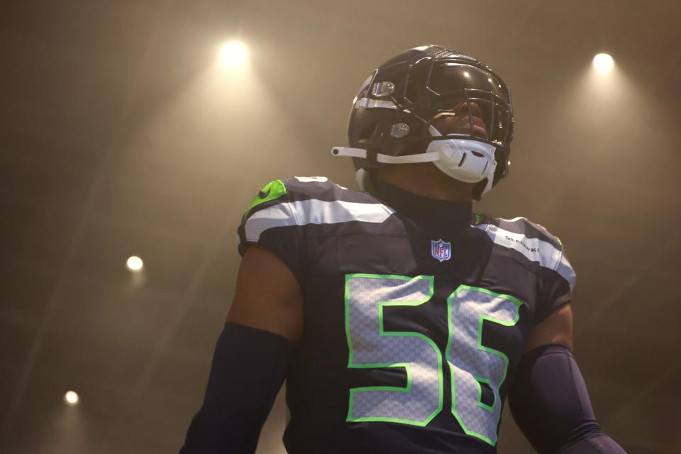 SEATTLE, WASHINGTON - OCTOBER 22: Jordyn Brooks #56 of the Seattle Seahawks looks on prior to a game against the Arizona Cardinals at Lumen Field on October 22, 2023 in Seattle, Washington. (Photo by Steph Chambers/Getty Images)