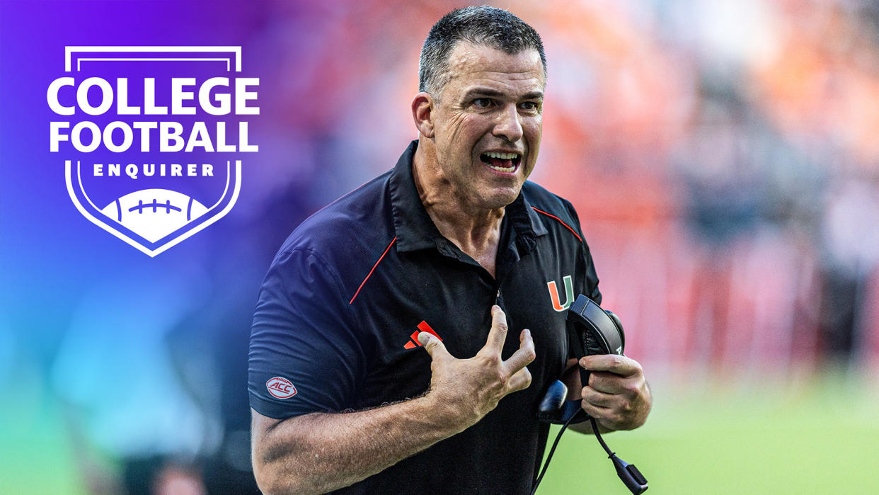 Miami head coach Mario Cristobal motions toward his sideline vs Georgia Tech 
(Photo by Lauren Sopourn/Getty Images)