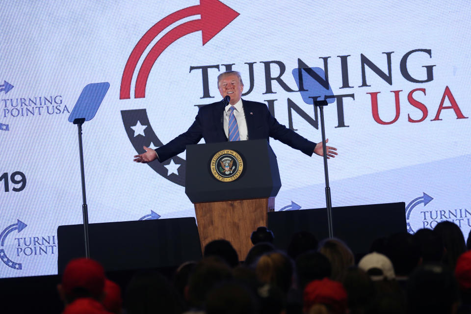 President Trump addresses Turning Point USA's Teen Student Action Summit. (Jonathan Ernst/Reuters)