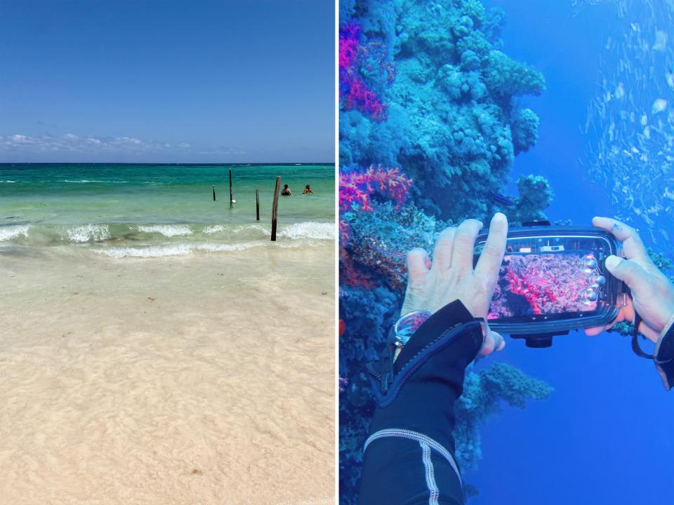 Clear waters at the beach in Tulum (L) and a waterproof phone case (R).