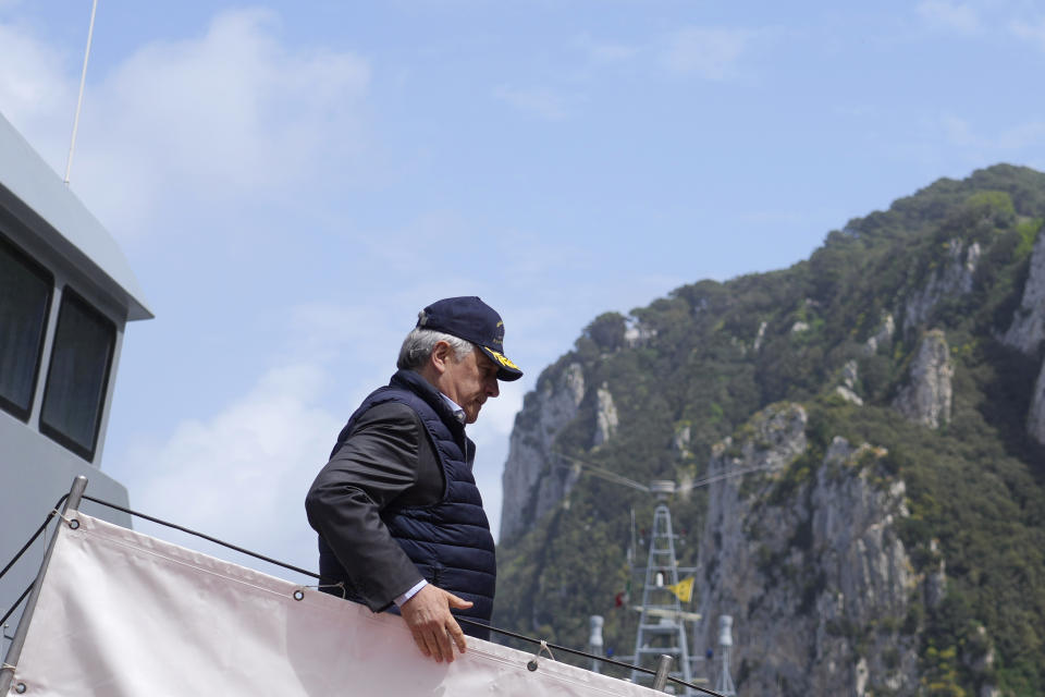 Italian Foreign Minister Antonio Tajani arrives for a G7 Foreign Ministers meeting in the Italian southern island of Capri, Wednesday, April 17, 2024. The Group of Seven foreign ministers, are meeting on the Italian resort island of Capri, with soaring tensions in the Mideast and Russia's continuing war in Ukraine topping the agenda. The meeting runs April 17-19. (AP Photo/Gregorio Borgia)