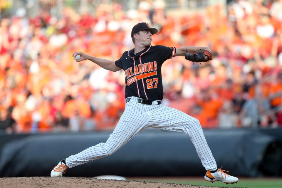 Oklahoma State pitcher Justin Campbell piches against Arkansas in the NCAA regional tournament at O'Brate Stadium on June 4.