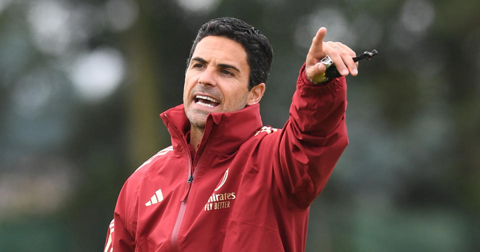 Arsenal manager Mikel Arteta during a training session at London Colney on July 04, 2023 in St Albans, England.