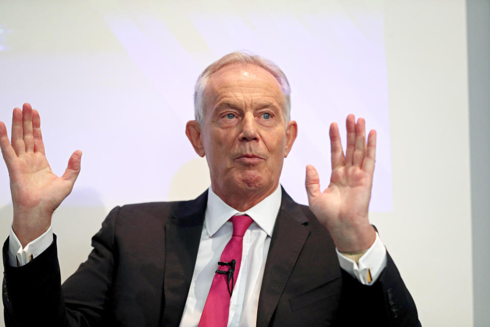 Former prime minister Tony Blair gives a speech at the Institute for Government in central London where he will call for Labour to oppose any move by Boris Johnson to hold an emergency general election until Brexit has been resolved.