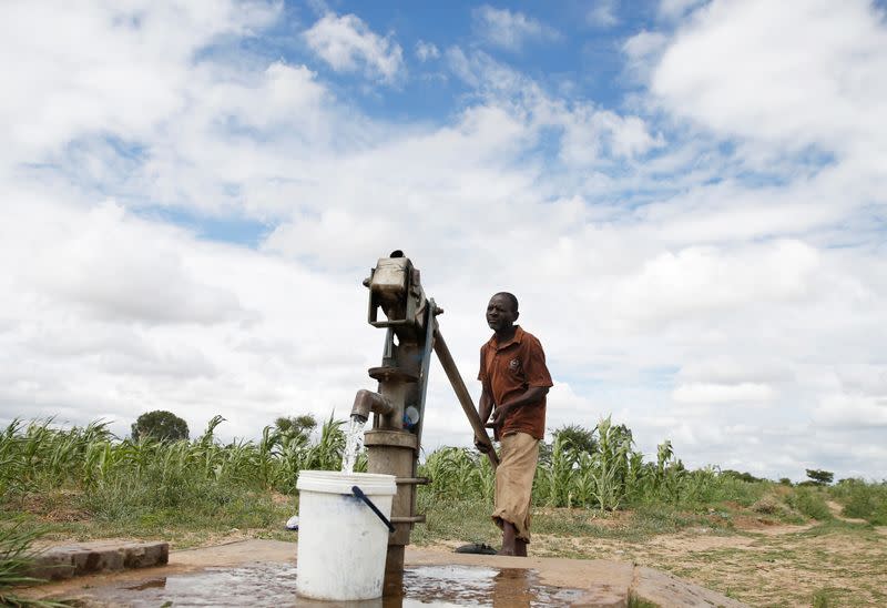 A man pumps water from a borehole to feed his wilting crops during prolonged drought in Bulawayo